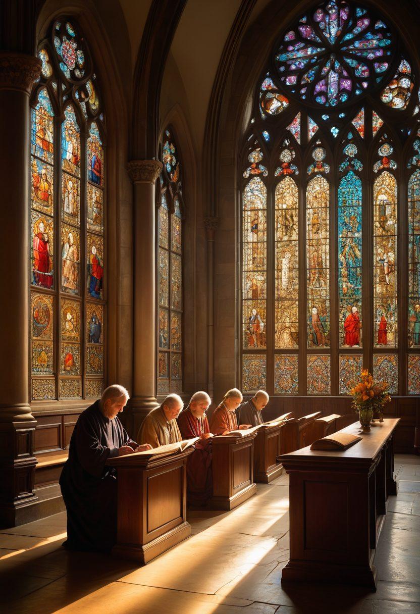 A serene scene depicting a diverse group of people engaged in worship, surrounded by beautiful stained glass windows reflecting soft light. Include ancient books open, symbolizing ecclesiastical wisdom, and gentle rays illuminating their faces with a sense of peace and reflection. Capture the essence of faith and exploration in a harmonious setting. super-realistic. warm tones. soft focus.