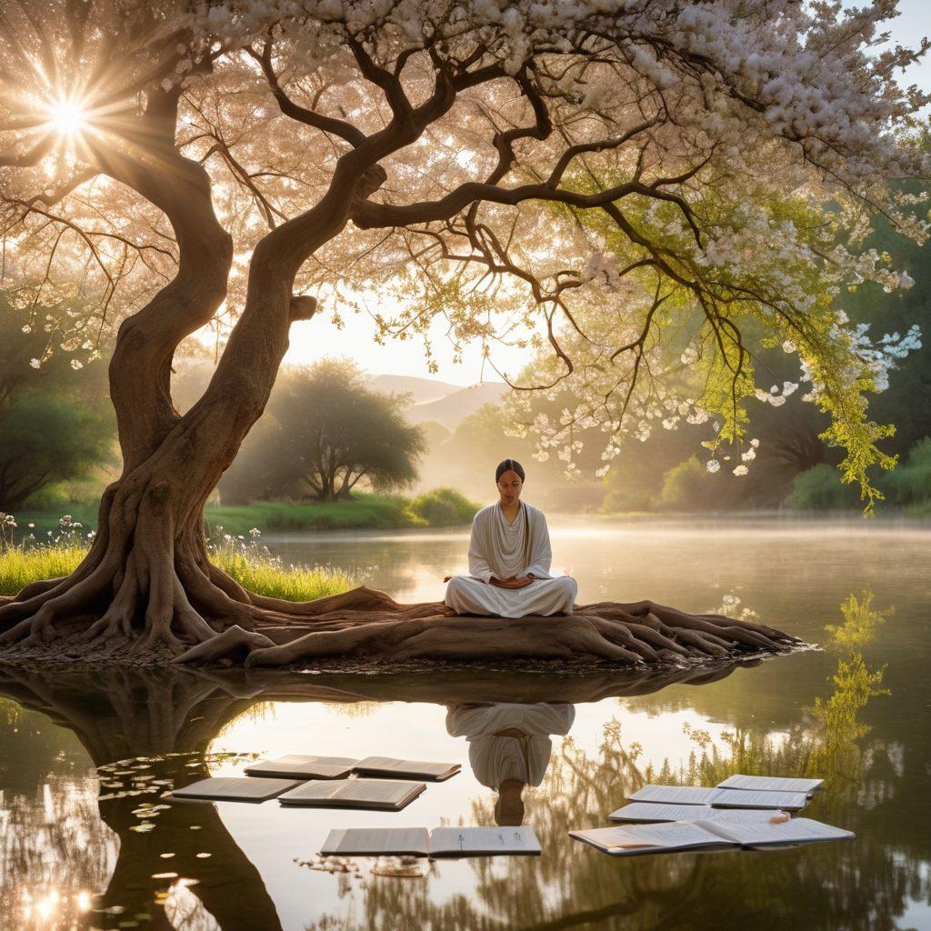 An ethereal scene depicting a serene figure meditating under a blooming tree, surrounded by floating sacred texts and symbols from various faiths. Soft sunlight filters through the branches, casting gentle patterns on a tranquil pond. The background features rolling hills and a misty horizon, suggesting depth and exploration. The color palette is soothing with pastels, inviting warmth and peace. super-realistic. vibrant colors. atmospheric.