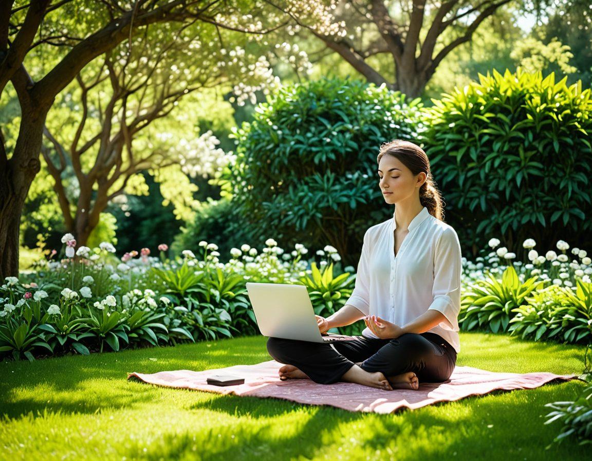 A serene scene depicting a person meditating in a tranquil garden, surrounded by blooming flowers and soft sunlight filtering through trees. In the background, an open laptop displaying a blog with spiritual and devotional themes. Ethereal light surrounding the individual symbolizes the nourishment of the soul through faith and blogging. Soft pastel colors create a calming atmosphere. super-realistic. vibrant colors. 3D.